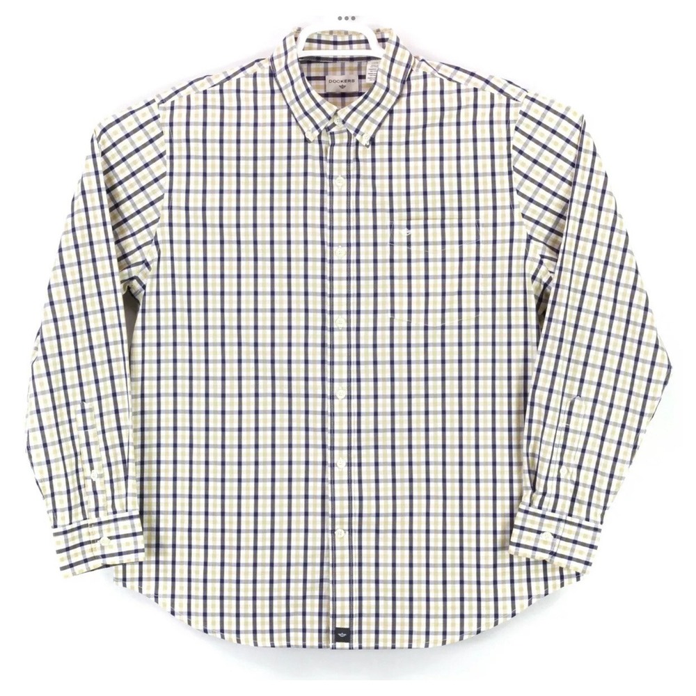 Dockers Mens Large White‎ Blue Tan Check LS Front Button Up Shirt